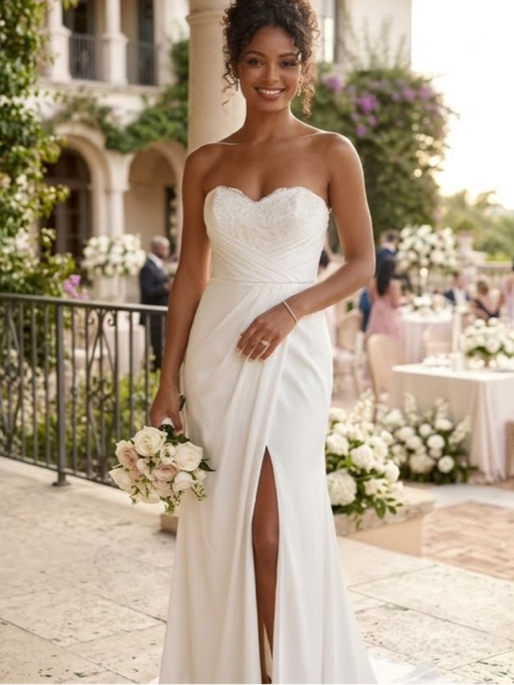 Lulu's Ivory Strapless Satin Evening Gown with High Slit Sz Medium